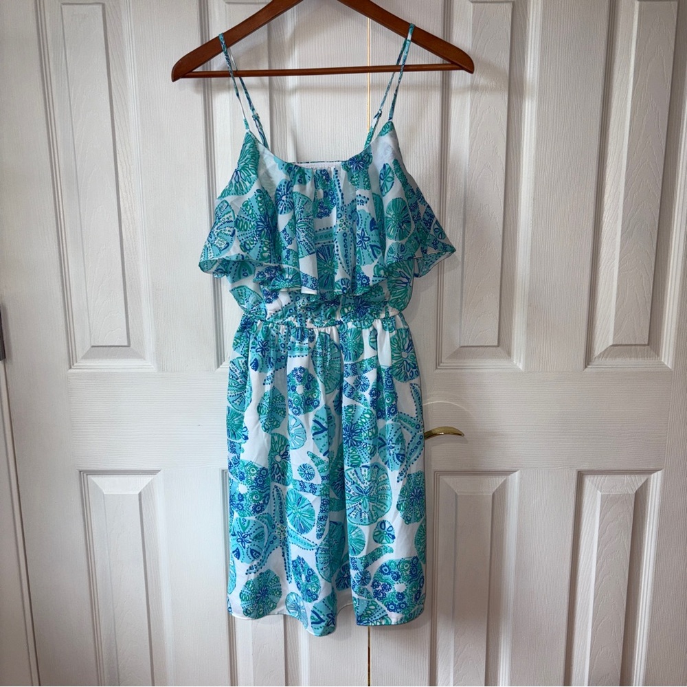 Lilly Pulitzer Target Blue Sand Dollar Starfish Ruffle Dress XS Coastal Beach
